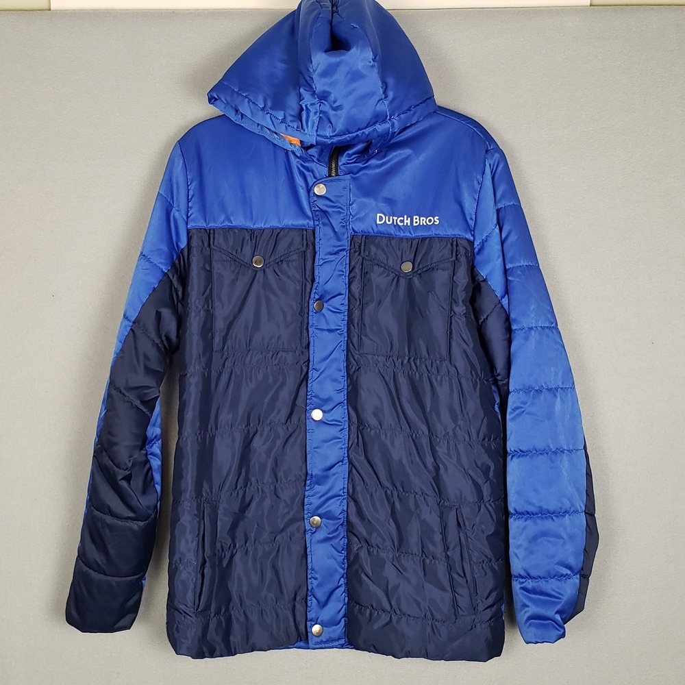 Dutch Bros Coffee Size M Hooded Puffer Jacket Multi Blue Colorblock Outdoor